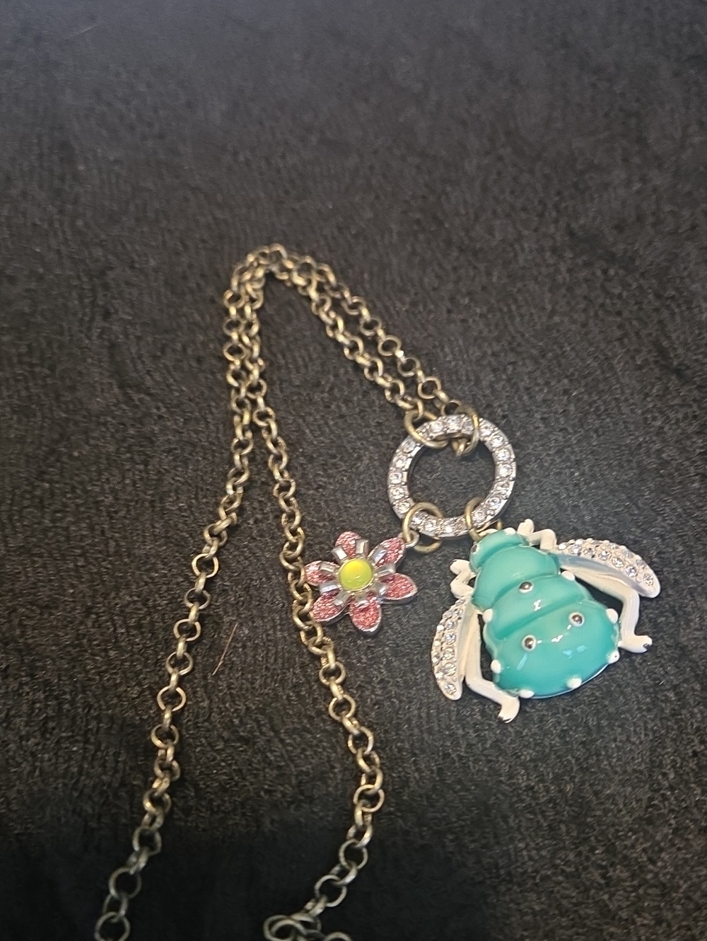 Betsey Johnson Turquoise Beetle and Pink Flower Charm Necklace